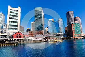 Boston skyline from Fan Pier sunlight Massachusetts