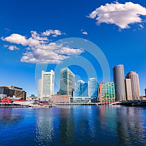 Boston skyline from Fan Pier sunlight Massachusetts