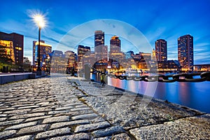 Boston Skyline with Financial District and Boston Harbor at Dusk