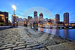 Boston Skyline with Financial District and Boston Harbor at Dusk