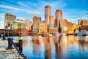 Boston Skyline with Financial District and Boston Harbor at Sunrise