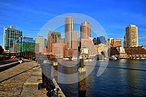 Boston Skyline with Financial District and Boston Harbor at Sunrise