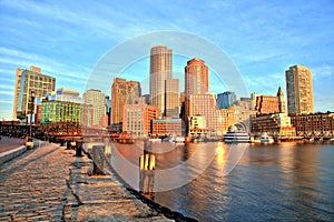 Boston Skyline with Financial District and Boston Harbor at Sunrise Panorama