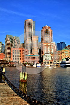 Boston Skyline with Financial District and Boston Harbor at Sunrise