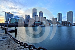Boston Skyline with Financial District and Boston Harbor at Sunset