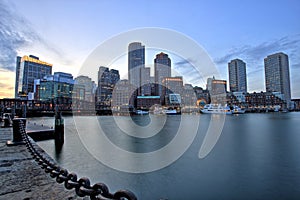 Boston Skyline with Financial District and Boston Harbor at Sunset