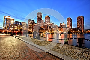 Boston Skyline with Financial District and Boston Harbor at Dusk