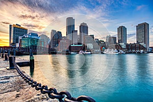 Boston Skyline with Financial District and Boston Harbor at Sunset