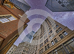 Boston Skyscrapers under a starry night, upward view, Massachusetts