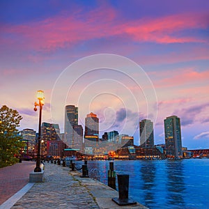 Boston sunset skyline at Fan Pier Massachusetts