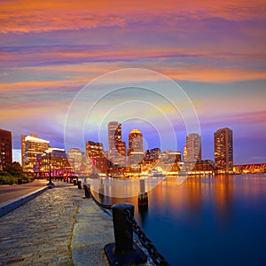 Boston sunset skyline at Fan Pier Massachusetts