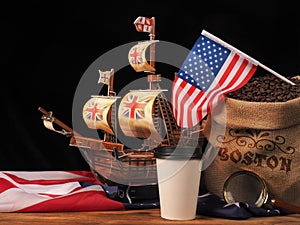 Boston tea party is symbol of English tea rejection . Distribution coffee in America. USA flag