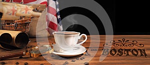 Boston tea party is symbol of English tea rejection . Distribution coffee in America. USA flag