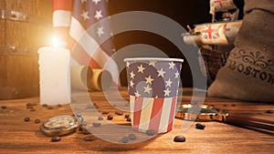 Boston tea party is symbol of English tea rejection . Distribution coffee in America. USA flag