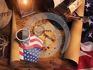 Boston tea party is symbol of English tea rejection . Distribution coffee in America. USA flag