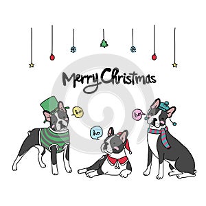 Boston terrier dog Merry Christmas cartoon illustration