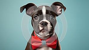 Boston Terrier Puppy. Playful and Colorful Advertisement with Vibrant Cone Hat Necklace, and Bowtie.