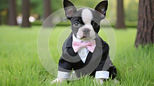 Boston terrier puppy sitting in beautiful park outside. Dog wearing a black and white suit and pink bow tie. The concept