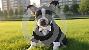 Boston terrier puppy sitting in beautiful park outside. Dog wearing a black and white suit and white bow tie. The