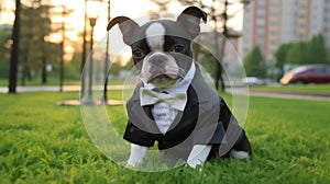 Boston terrier puppy sitting in beautiful park outside. Dog wearing a black and white suit and white bow tie. The