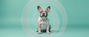 Boston Terrier puppy sitting straight on soft mint green studio background with symmetrical pose, cute expression, big ears, pet p photo