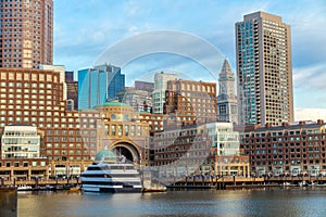 Boston waterfront with skyscrapers and bridge