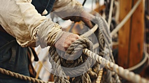 The bosuns strong calloused hands expertly coil ropes and secure them to the deck a testament to years of experience at