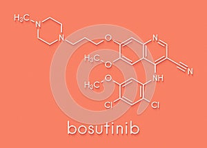 Bosutinib chronic myelogenous leukemia CML drug molecule. Tyrosine kinase inhibitor targeting Bcr-Abl and SRc family kinase..