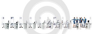 Bot factory, many robots sitting and working by desks. 3D Rendering