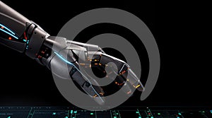 bot robot android hand touching control panel stock charts. AI generative.