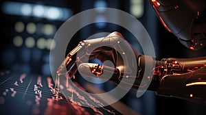 bot robot android hand touching control panel stock charts. AI generative.