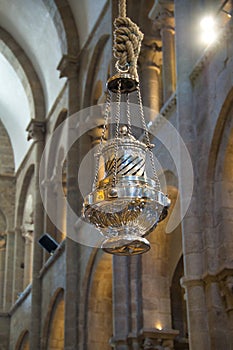 Botafumeiro in the cathedral of Santiago de Compostela that serves to distribute the smell of incense. Pilgrim concept, journey,