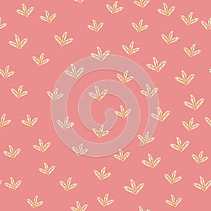 Botanic abstract seamless pattern with little random simple leaf ornament. Pink pastel background