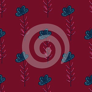 Botanic seamless doodle pattern with hand drawn flower ornament. Blue floral shapes on dark red background