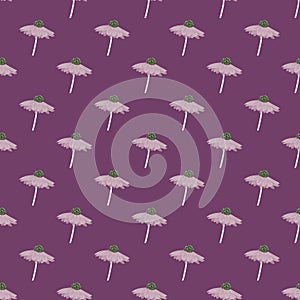 Botanic seamless pattern with abstract gerbera flower elements. Purple bacckground