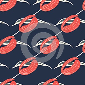 Botanic seamless pattern with bright pink simple tulip flowers elements. Navy blue background