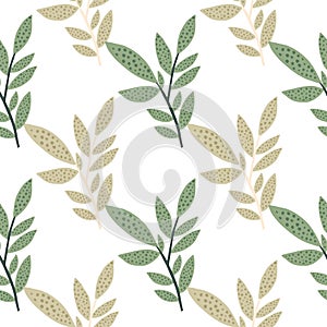Botanic seamless pattern with green and beige isolated branches. Floral leaves ornament on white background