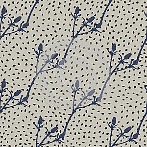 Botanic seamless pattern with navy blue thorn branches. Grey background with dots. Creative floral print