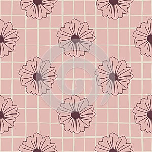 Botanic seamless pattern with outline daisy flowers. Pastel pink background with white check