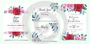 Botanic wedding invitation card template set with burgundy and peach watercolor flowers decor. Floral background for save the date