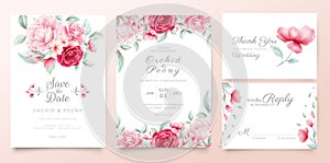 Botanic wedding invitation cards template with watercolor flowers and wild leaves