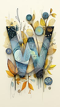 Botanical Abstract Art Featuring the Letter W Surrounded by Colorful Flowers and Leaves photo