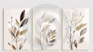 Botanical abstract leaves wall art. Foliage and branches with golden, brown and beige colors