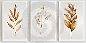 Botanical abstract leaves wall art. Foliage and branches with golden, brown and beige colors