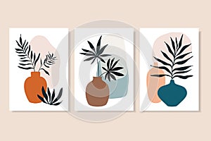 Botanical abstract wall art collection with summer lives in vases, line art vector illustration, modern minimalist contemporary de