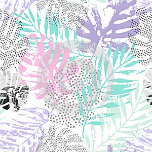 Botanical art illustration: rough grunge tropical leaves filled with marble texture, doodle elements background