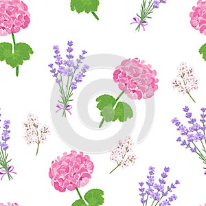 Botanical background. Seamless pattern with pink geraniums, lavender and verbena flowers.