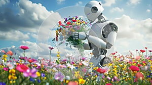 Botanical Bliss: White Robot Harvesting a Summer Meadow Bouquet