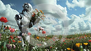 Botanical Bliss: White Robot Harvesting a Summer Meadow Bouquet