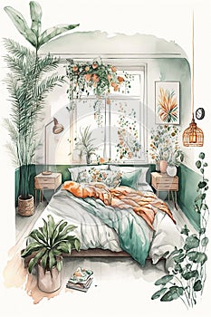 Botanical boho style bedroom, watercolour Painted, Illustration